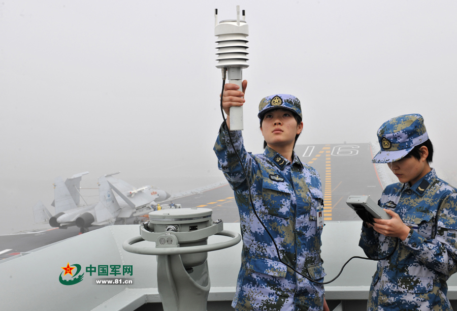 飛行前氣象值班女艦員進(jìn)行風(fēng)力參數(shù)測(cè)定。本網(wǎng)通訊員 王松岐 攝